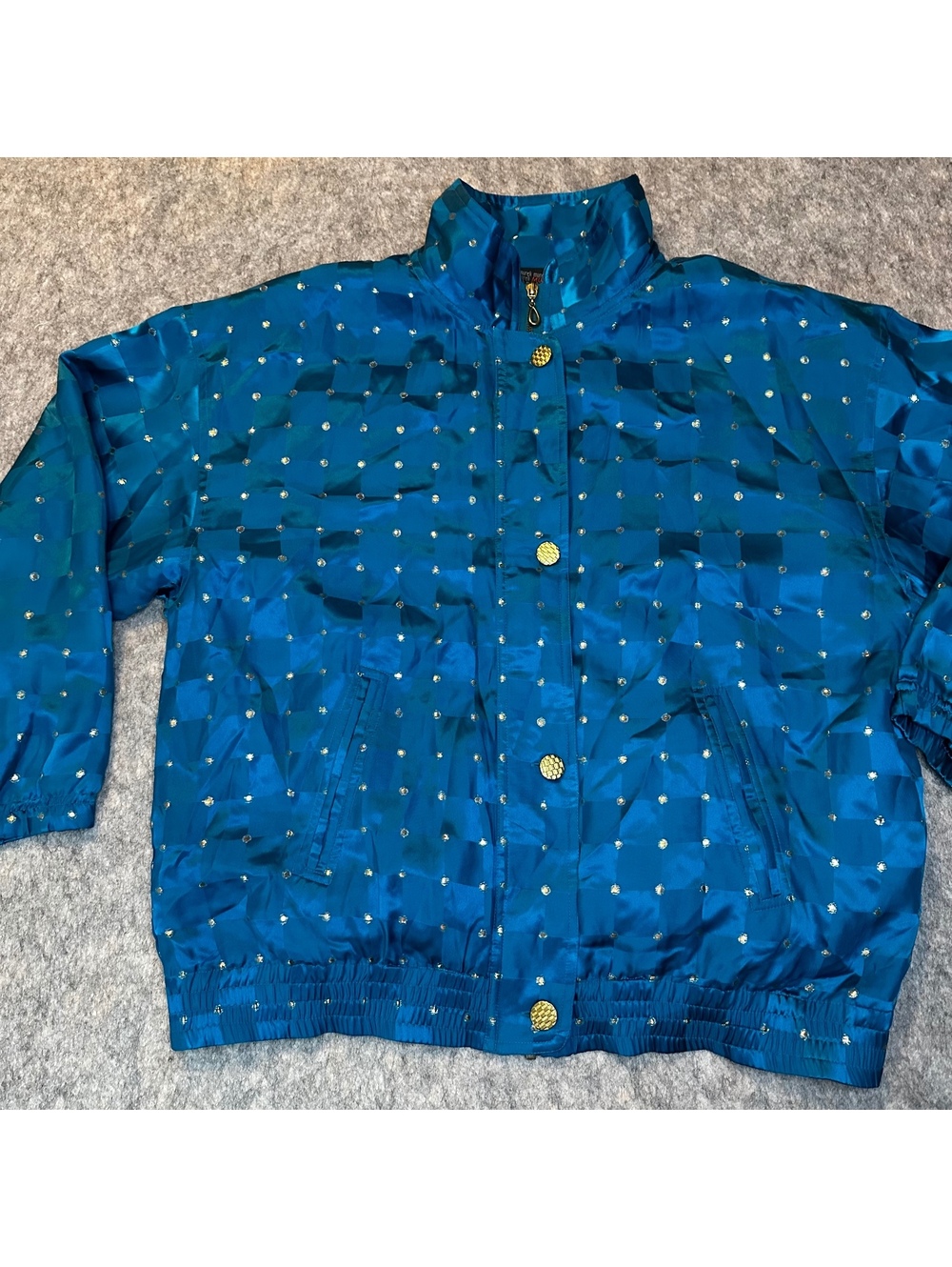 Vintage Mureli Blue Silk Checkered Gold Dot Bomber Jacket Medium M Retro